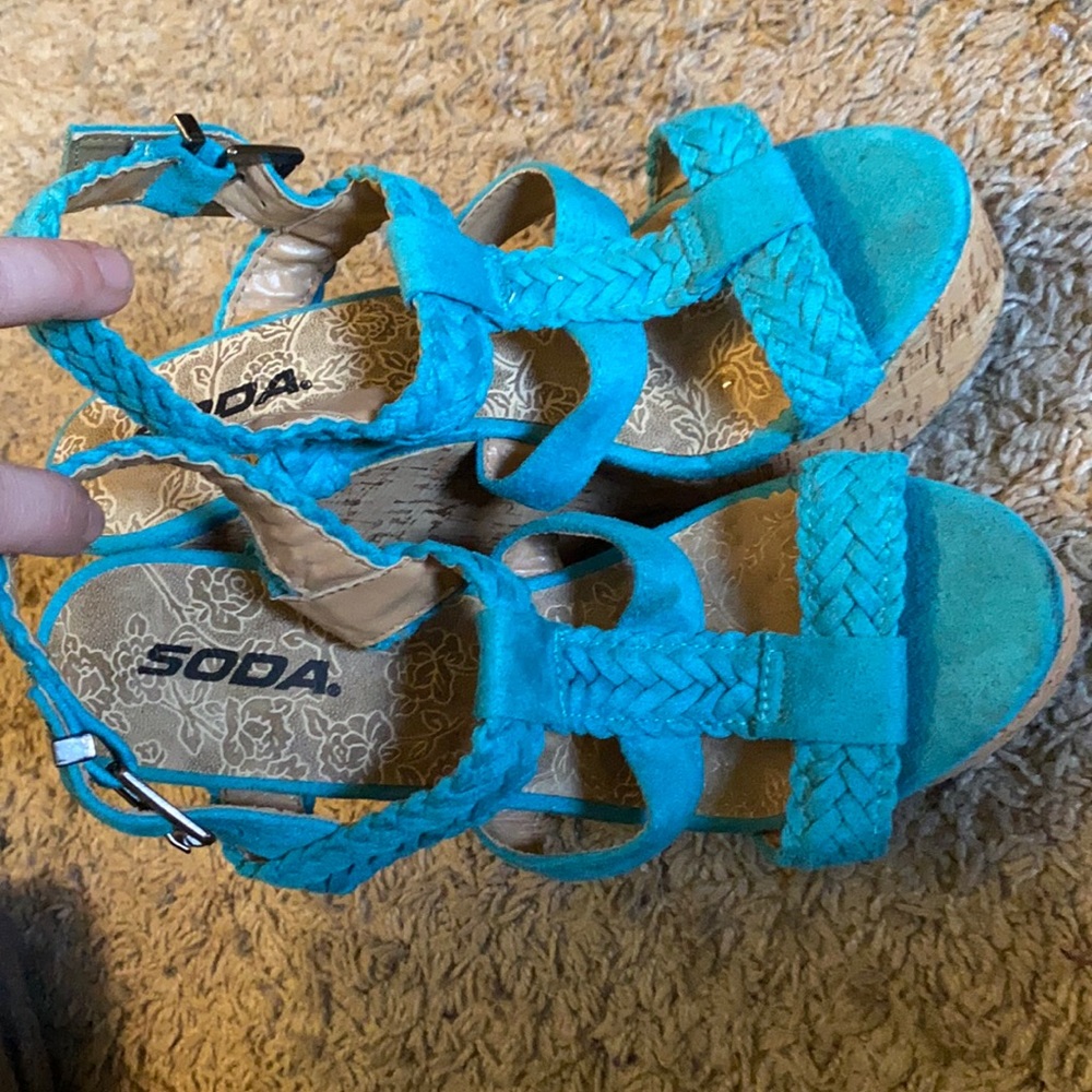 Strappy teal wedge